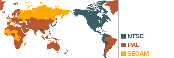 NTSC・PAL・SECAMのリージョンコード別に色分けされた世界地図